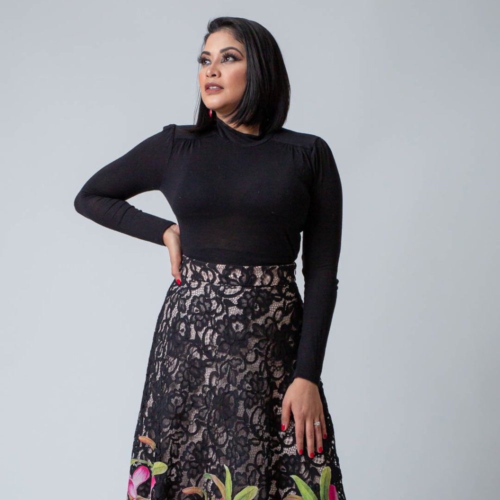 Black Midi Skirt with Printed Flowers.